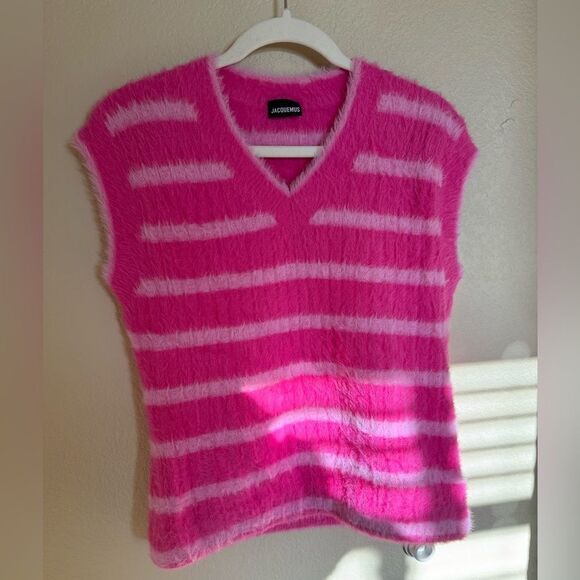 Jacquemus Le Gilet Neve Sweater Vest‎ Sz Small Pink Striped Fuzzy - Picture 1 of 9
